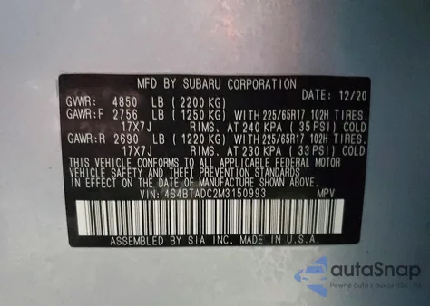 2021 Subaru Outback Premium z USA, uszkodzony, nr VIN 4S4BTADC2M3150993